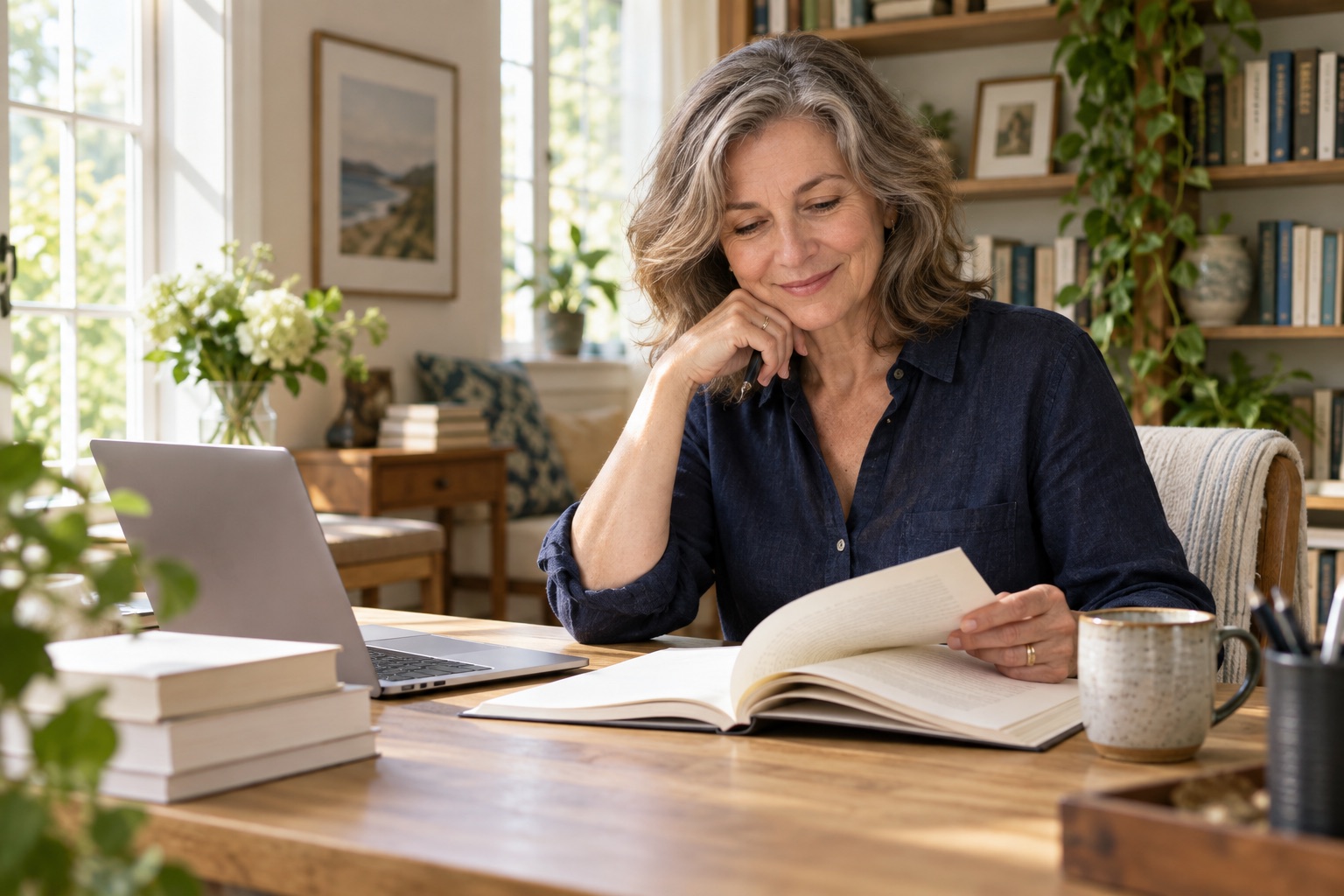 Illustrative author reviewing her book beside a laptop in a sunlit study.