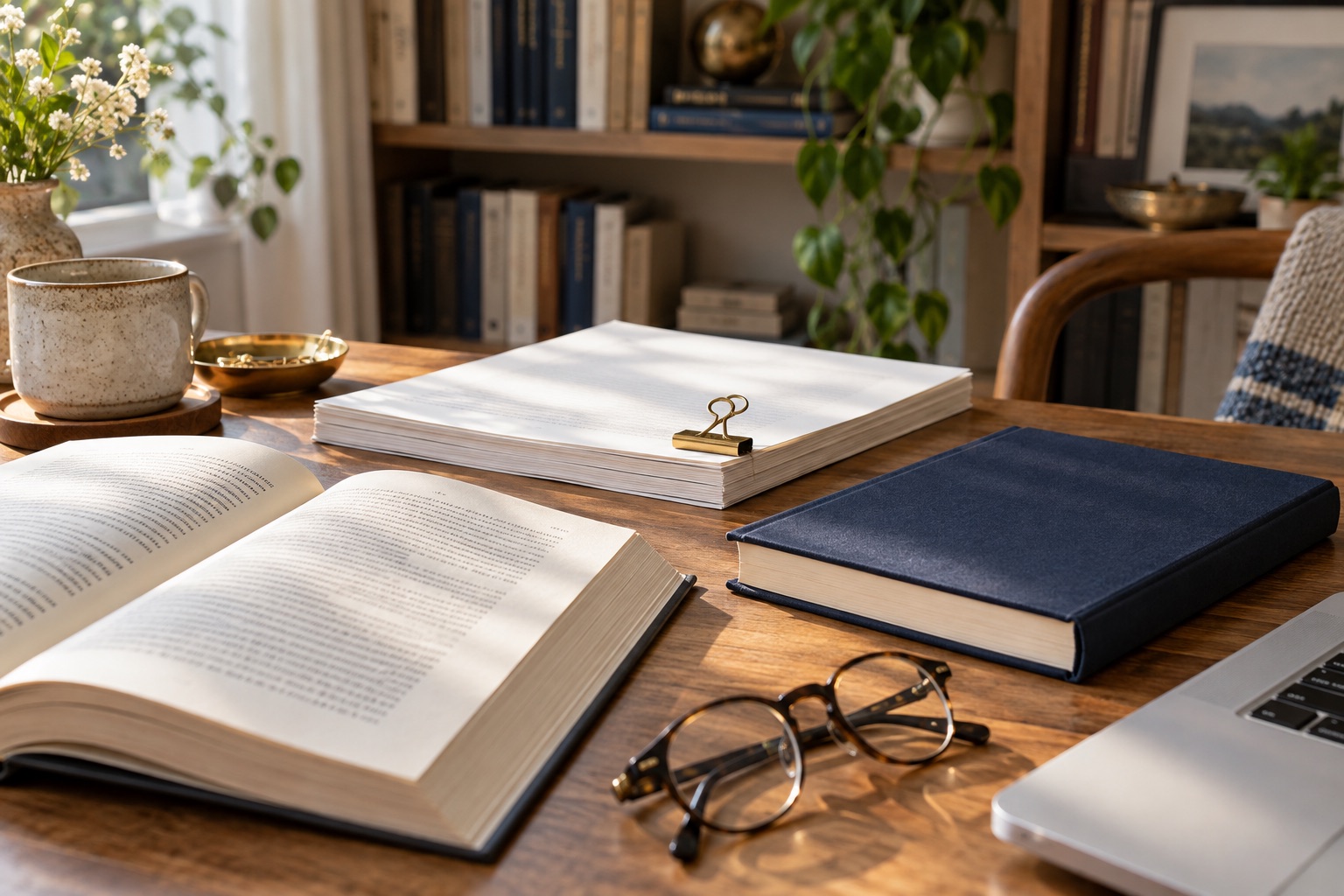 A prepared manuscript and books on a writing desk.